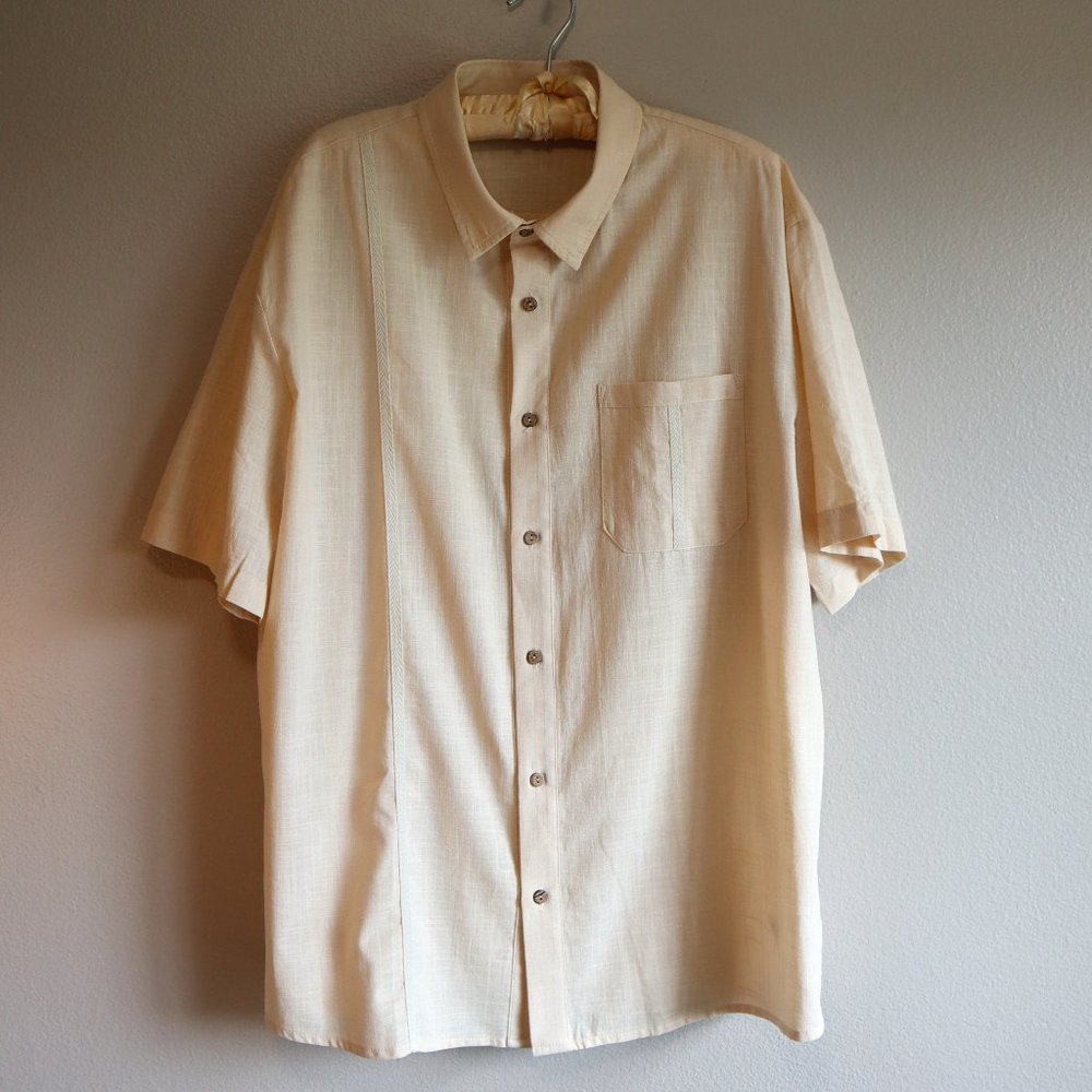 Men's Cotton & Flax Blend Ivory Cream Short Sleeve Button Down Shirt Size Large